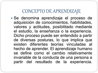 CONCEPTO DE APRENDIZAJE
 Se denomina aprendizaje el proceso de
adquisición de conocimientos, habilidades,
valores y actitudes, posibilitado mediante
el estudio, la enseñanza o la experiencia.
Dicho proceso puede ser entendido a partir
de diversas posturas, lo que implica que
existen diferentes teorías vinculadas al
hecho de aprender. El aprendizaje humano
se define como el cambio relativamente
invariable de la conducta de una persona a
partir del resultado de la experiencia.
 