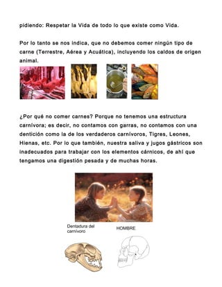pidiendo: Respetar la Vida de todo lo que existe como Vida.


Por lo tanto se nos indica, que no debemos comer ningún tipo de
carne (Terrestre, Aérea y Acuática), incluyendo los caldos de origen
animal.




¿Por qué no comer carnes? Porque no tenemos una estructura
carnívora; es decir, no contamos con garras, no contamos con una
dentición como la de los verdaderos carnívoros, Tigres, Leones,
Hienas, etc. Por lo que también, nuestra saliva y jugos gástricos son
inadecuados para trabajar con los elementos cárnicos, de ahí que
tengamos una digestión pesada y de muchas horas.




                 Dentadura del      HOMBRE
                 carnívoro
 