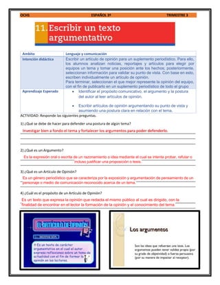 OCHS ESPAÑOL 3º TRIMESTRE 3
14
Ambito Lenguaje y comunicación
Intención didáctica Escribir un artículo de opinión para un suplemento periodístico. Para ello,
los alumnos analizan noticias, reportajes y artículos para elegir por
equipos un tema y tomar una posición ante los hechos; posteriormente,
seleccionan información para validar su punto de vista. Con base en esto,
escriben individualmente un artículo de opinión.
Para terminar, seleccionan el que mejor represente la opinión del equipo,
con el fin de publicarlo en un suplemento periodístico de todo el grupo
Aprendizaje Esperado  Identificar el propósito comunicativo, el argumento y la postura
del autor al leer artículos de opinión.
 Escribir artículos de opinión argumentando su punto de vista y
asumiendo una postura clara en relación con el tema.
ACTIVIDAD: Responde las siguientes preguntas.
1) ¿Qué se debe de hacer para defender una postura de algún tema?
_________________________________________________________________________________________
_________________________________________________________________________________________
_________________________________________________________________________________________
2) ¿Qué es un Argumento?
_________________________________________________________________________________________
_________________________________________________________________________________________
3) ¿Qué es un Artículo de Opinión?
_________________________________________________________________________________________
_________________________________________________________________________________________
4) ¿Cuál es el propósito de un Artículo de Opinión?
_________________________________________________________________________________________
_________________________________________________________________________________________
Investigar bien a fondo el tema y fortalecer los argumentos para poder defenderlo.
Es un texto que expresa la opinión que redacta el mismo público al cual es dirigido, con la
finalidad de encontrar en el lector la formación de la opinión y el conocimiento del tema.
Es un género periodístico que se caracteriza por la exposición y argumentación de pensamiento de un
personaje o medio de comunicación reconocido acerca de un tema.
Es la expresión oral o escrita de un razonamiento o idea mediante el cual se intenta probar, refutar o
incluso justificar una proposición o tesis.
 