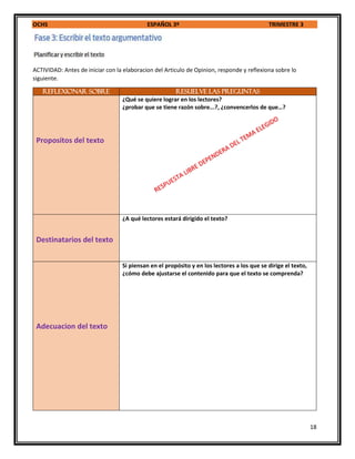 OCHS ESPAÑOL 3º TRIMESTRE 3
18
ACTIVIDAD: Antes de iniciar con la elaboracion del Articulo de Opinion, responde y reflexiona sobre lo
siguiente.
REFLEXIONAR SOBRE RESUELVE LAS PREGUNTAS
Propositos del texto
¿Qué se quiere lograr en los lectores?
¿probar que se tiene razón sobre...?, ¿convencerlos de que…?
Destinatarios del texto
¿A qué lectores estará dirigido el texto?
Adecuacion del texto
Si piensan en el propósito y en los lectores a los que se dirige el texto,
¿cómo debe ajustarse el contenido para que el texto se comprenda?
 