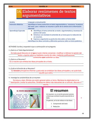 OCHS ESPAÑOL 3º TRIMESTRE 3
44
Ambito Lenguaje y comunicación
Intención didáctica Identifique el tema central de un texto argumentativo y reconozca la postura
del autor, para redactar un resumen a partir de la síntesis de la información
obtenida
Aprendizaje Esperado Identifique el tema central de un texto argumentativo y reconozca la
postura del autor.
Sintetizar con claridad el contenido de un tema para la redacción de
un resumen.
Expresa y argumenta su punto de vista sobre un tema dado
Identifique las ideas centrales y diferentes posturas sobre un tema polémico.
ACTIVIDAD: Escribe y responde lo que a continuación se te pregunta.
1. ¿Qué es un Texto Argumentativo?
_________________________________________________________________________________________
_________________________________________________________________________________________
2. ¿Qué es un Resumen?
_________________________________________________________________________________________
_________________________________________________________________________________________
3. ¿Cuál es la función de un Resumen?
_________________________________________________________________________________________
_________________________________________________________________________________________
4.- Investiga las características de un resumen
_________________________________________________________________________________________
_________________________________________________________________________________________
_________________________________________________________________________________________
Es todo aquel discurso en el que el autor intenta convencer, modificar o reforzar la opinión del
lector u oyente sobre su hipótesis o punto de vista, mediante justificaciones
coherentes que sustenten su idea.
s
Es breve y claro. Brinda una visión general sobre un tema. Mantiene la objetividad en la
descripción y evitar la autocrítica. Sintetiza los datos más relevantes de un artículo, discurso o
escrito.
Su función principal es informar y para esto se sintetizan las ideas principales y se quita todo
aquello que sobra.
Es un escrito que sintetiza las ideas principales de un texto.
 
