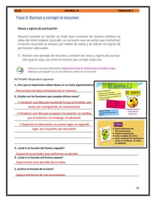 OCHS ESPAÑOL 3º TRIMESTRE 3
50
ACTIVIDAD: Responde lo siguiente:
1. ¿Por qué es importante utilizar Nexos en un texto argumentativo?
________________________________________________________
2. ¿Cuáles son las funciones que cumplen dichos nexos?
________________________________________________________
________________________________________________________
________________________________________________________
________________________________________________________
________________________________________________________
________________________________________________________
________________________________________________________
________________________________________________________
3.- ¿Cuál es la función del Punto y seguido?
_________________________________________________________________________________________
4.- ¿Cuál es la función del Punto y aparte?
_________________________________________________________________________________________
5. ¿Cuál es la función de la Coma?
_________________________________________________________________________________________
Para enlazar las ideas principales de un resumen
• Introducir una idea que resulta de lo que se ha dicho: por
tanto, por consiguiente, en consecuencia.
• Introducir una idea que se opone a la anterior: en cambio,
por el contrario, sin embargo, no obstante.
• Organizar la información: en primer lugar, en segundo
lugar, por una parte, por otra parte.
Separa los enunciados que conforman un párrafo.
Separa entre sí los párrafos de un texto.
Separa elementos de una enumeración.
 