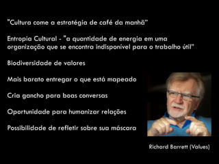 "Cultura come a estratégia de café da manhã”
Entropia Cultural - "a quantidade de energia em uma
organização que se encontra indisponível para o trabalho útil”
Biodiversidade de valores
Mais barato entregar o que está mapeado
Cria gancho para boas conversas
Oportunidade para humanizar relações
Possibilidade de refletir sobre sua máscara
Richard Barrett (Values)
 