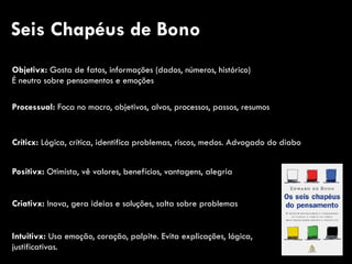 Seis Chapéus de Bono
Objetivx: Gosta de fatos, informações (dados, números, histórico)  
É neutro sobre pensamentos e emoções
Processual: Foca no macro, objetivos, alvos, processos, passos, resumos
Criativx: Inova, gera ideias e soluções, salta sobre problemas
Críticx: Lógica, crítica, identifica problemas, riscos, medos. Advogado do diabo
Positivx: Otimista, vê valores, benefícios, vantagens, alegria
Intuitivx: Usa emoção, coração, palpite. Evita explicações, lógica,
justificativas.
 