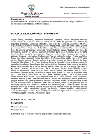 Ministerio de Educación 
Gobierno de la Provincia 
Santiago del Estero 
Página 104 
2012 – “Año Homenaje al Dr. D. Manuel Belgrano” 
Área de Educación Técnica 
Infraestructura: 
Instalación eléctrica. Circuito de aire comprimido. Provisión y evacuación de agua en función de la Instalación a modelizar. Instalación de gas. 
DETALLE DE EQUIPOS, MÁQUINAS Y HERRAMIENTAS 
Alicate oblicuo, Amoladora, Andamios prearmados, Andamios, ruedas, Antiparras, Arcos de sierras, Arnes de seguridad, Balanza, Banco trípode, Bota de goma1/2 caña, Botines de seguridad, Buscapolo, Caballetes extensibles, Caja juego de bocallaves, Canasto de 15 litros, Capa, Carretillas, Carro de hormigonado, Casco de seguridad, Cepillo de cerda, Cercas y vallas protectoras, Cinta métrica corta, Cinta métrica larga, Cizalla a palanca, Clavos con corredera, Cono de Abrams, Cortadora de cerámicos manual, Cortafríos (juego), Cortatubo para tubos de termofusión, Cuchara de albañil, Cucharín, Curvadora para caños metálicos, Disco de corte hormigón, Disco de corte mampostería, Disco de corte metal, Dobladora de hierro a palanca, Escalera de madera, Esclerometro, Faja de protección lumbar, Frataz con fieltro, Frataz con fieltro (repuesto), Frataz de madera, Grinfa (juego)para doblar hierro, Grinfa saca clavos, Guante aislante, Guante aislante (repuesto), Guante de latex, Guante de latex (repuesto), Hilo albañil (rollo), Hojas de sierra, Juego de destorilladores cruciformes, Juego de destorilladores planos, Juego llaves fijas, Juego tamices, Juegos de limas, Juegos espátulas, Llana, Llana dentada, Llave caños, Llave francesa, Llave pico de loro, Maceta 1kg, Maza 5 kg, Martillo calderero, Martillo carpintero, Martillo de goma, Martillo herrero, Martillo piqueta, Mesa de armadores, Mesa lectura planos, Metro madera, Mezcladora para morteros, Mezcladora (repuesto correa transmisión), Morsa, Nivel de burbuja, Nivel de manguera, Nivel óptico, Pala ancha plana, Pala de punta, Picos, Pinceles (juegos), Pinza aislada, Pinza amperométrica, Pinza común, Pinza de punta curva, Pinza prensa terminal, Protector auditivo, Puntales, Reglas (juego), Remachadora manual, Rodillo para empapelar, Rodillo para pintar (juego), Rodillo para pintar (repuesto), Serrucho carpintero, Sierra circular de mesa, Sierra circular de mesa (disco de repuesto), Sierra circular portátil, Sierra circular portátil (disco de repuesto), Soplete para soldadura, Tablones para andamios(juego), Taladro eléctrico, Taladro eléctrico (juegos de mechas), Taladro manual, Taladro manual (juegos de mechas), Taladro rotopercutor, Taladro rotopercutor (juegos de mechas), Tenaza armador, Tenaza común, Teodolito con trípode y Jalón, Tijera cizalla para corte hierro, Tijera común, Tijera para chapa, Trincheta (juegos de cuchillas), Vibrador de aguja. 
DEPOSITO DE MATERIALES Equipamiento 
Materiales. Insumos. 
Infraestructura 
Estanterías para el acopio de insumos, Espacio para la estiba de materiales.  