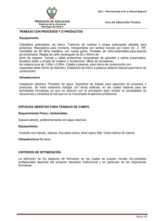 Ministerio de Educación 
Gobierno de la Provincia 
Santiago del Estero 
Página 105 
2012 – “Año Homenaje al Dr. D. Manuel Belgrano” 
Área de Educación Técnica 
TRABAJO CON PROCESOS Y O PRODUCTOS Equipamiento 
Caballetes extensibles, de hierro. Tablones de madera o chapa estampada doblada para andamios. Mezcladora para morteros, transportable con tambor movido por motor de 2 HP. Carretillas de 80 litros metálica, con rueda goma. Puntales de caño extensibles para soporte de encofrados. Reglas de caño rectangular de 20 x 40mm de 
2mm de espesor. Cercas y vallas protectoras compuestas de parantes y paños prearmados. Escalera doble y simple de madera o duraluminio. Mesa de armadores, 
de madera dura de 1.00m x 2.00m. Cizalla a palanca, para hierro de construcción con 
capacidad hasta 32mm de diámetro. Dobladora de hierro a palanca sistema manual para hierro de construcción. 
Infraestructura 
Instalación eléctrica. Provisión de agua. Superficie de trabajo para ejecución de procesos o productos. Se hace necesario trabajar con obras edilicias, en las cuales basarse para las actividades formativas ya que no alcanza con la simulación para recrear la complejidad de situaciones y contextos en los que se ve involucrado el ejercicio profesional. 
ESPACIOS ABIERTOS PARA TRABAJO DE CAMPO Requerimiento Físico / Ambientales 
Espacio abierto, preferentemente con algún desnivel. 
Equipamiento 
Teodolito con trípode, Jalones, Escuadra óptica, Nivel óptico 28X, Cinta métrica 25 metros. 
Infraestructura No tiene. 
CRITERIOS DE OPTIMIZACIÓN 
La definición de los espacios de formación en los cuales se puedan recrear los contextos profesionales depende del proyecto educativo institucional y en particular de las trayectorias formativas 