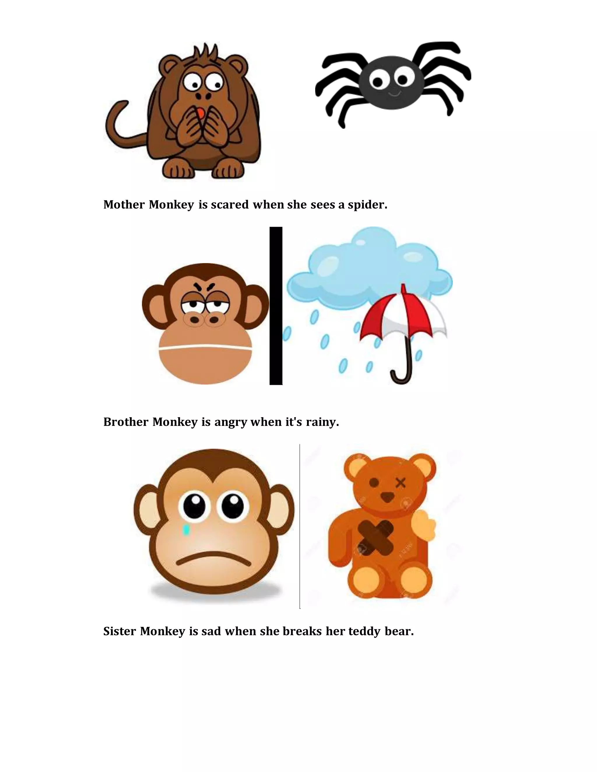 Mother Monkey is scared when she sees a spider.
Brother Monkey is angry when it's rainy.
Sister Monkey is sad when she breaks her teddy bear.
 