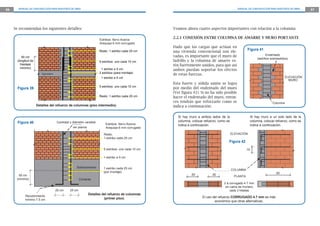 36     MANUAL DE CONSTRUCCIÓN PARA MAESTROS DE OBRA                                                                                             MANUAL DE CONSTRUCCIÓN PARA MAESTROS DE OBRA    37




     Se recomiendan los siguientes detalles:                                                          Veamos ahora cuatro aspectos importantes con relación a la columna:

                                                                      Estribos: fierro Aceros
                                                                                                      2.2.1 CONEXIÓN ENTRE COLUMNA DE AMARRE Y MURO PORTANTE
                                                                      Arequipa 6 mm corrugado
                                                                                                      Dado que las cargas que actúan en
                                                                                                                                                       Figura 41
                                                                      Resto: 1 estribo cada 25 cm     una vivienda convencional son ele-
          50 cm                                                                                       vadas, es importante que el muro de                              Endentado
                                                                                                                                                               (ladrillos sobresalidos)
       (longitud de                                                   5 estribos: uno cada 10 cm      ladrillo y la columna de amarre es-
         traslape                                                                                     tén fuertemente unidos, para que así
         mínimo)                                                       1 estribo a 5 cm               ambos puedan soportar los efectos
                                                                      2 estribos (para montaje)
                         Viga solera                                                                  de estas fuerzas.
                                                                       1 estribo a 5 cm                                                                                             ELEVACIÓN
                                                                                                                                                                                      MURO
                                                                                                      Esta fuerte y sólida unión se logra
                                                                      5 estribos: uno cada 10 cm
       Figura 39                                                                                      por medio del endentado del muro
                                                                                                      (Ver figura 41). Si no ha sido posible
                                                                      Resto: 1 estribo cada 25 cm     hacer el endentado del muro, enton-
                                                                                                      ces tendrás que reforzarlo como se                                   Columna
                      Detalles del refuerzo de columnas (piso intermedio).                            indica a continuación:

                                                                                                        Si hay muro a ambos lados de la                    Si hay muro a un solo lado de la
       Figura 40                       Cantidad y diámetro variable                                     columna, colocar refuerzo, como se                 columna, colocar refuerzo, como se
                                                                          Estribos: fierro Aceros       indica a continuación.                             indica a continuación.
                                                  ver planos              Arequipa 6 mm corrugado

                                                                         Resto:                                                              ELEVACIÓN
                                                                         1 estribo cada 25 cm
                                                                                                                                         Figura 42
                                                                         5 estribos: uno cada 10 cm                                                  .10

                                                                         1 estribo a 5 cm


                                                     Sobrecimiento       1 estribo cada 25 cm                                                COLUMNA
                                                                         (por montaje)                                                                                       .50
       50 cm                                                                                                    .50           .50
                                                                                                                                              PLANTA
      (mínimo)                                          Cimiento
                                                                                                                                      2 ø corrugado 4.7 mm
                                                                                                                                       en cama de mortero
                                       25 cm    25 cm                                                                                     cada 3 hiladas
                                                               Detalles del refuerzo de columnas
            Recubrimiento                                                                                               El uso del refuerzo CORRUGADO 4.7 mm es más
            mínimo 7.5 cm                                                (primer piso).
                                                                                                                                económico que otras alternativas.
 