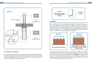 42      MANUAL DE CONSTRUCCIÓN PARA MAESTROS DE OBRA                                                                               MANUAL DE CONSTRUCCIÓN PARA MAESTROS DE OBRA   43




           Figura 48                                                                                         Figura 49
                                                       t                                                                                                 ¡Prohibido
                                                                                                       Evita doblar el refuerzo
                                                                                                       de la columna de esta
                                                                                                                                                           grifar !
                                                                   b                                          manera:
                                              Y            Y

                                                                                 t
                       Inclinación máxima = 1:6
                                                                             Corte Y-Y
                                                                        (columna más chica)   2.3 VIGAS
                                                                                              En la construcción de una vivienda normalmente se utilizan las vigas so-
                                                                                              leras. Son aquellas en donde reposan las viguetas del techo, las cuales se
                                                                                              encuentran sobre los muros portantes y entre las columnas. Su función es
                                                                                              transferir las cargas del techo sobre los muros, distribuyéndolas uniforme-
                                                                                              mente (Ver figura 50 y 51). Además se encargan de proporcionar confina-
                                                                                              miento y arriostre a los muros portantes de ladrillo.
                                                               b
                             Inclinación
                                                                                                           Figura 50                                   Figura 51
        Inclinación            máxima
                            6                                                                                                                 Cargas de losa aligerada
          menor                               X            X                    T                     Cargas de losa aligerada
                        1
                                                                             Corte X-X
                        Inclinación                                    (columna más grande)
                          mayor
                      NO PERMITIDA                     T




                                                                                                                                            Muro portante con viga solera.
                                                                                                  Muro portante sin viga solera.         El muro trabaja en toda su longitud.
                                                                                                                                                  ¡Es mucho mejor!


     b. Cuando no hay empalme:                                                                Cuando el muro portante es de cabeza, la viga solera o collar tiene un ancho
                                                                                              generalmente igual al espesor del muro; pero cuando es de soga, es mejor
     Otro caso que puede presentarse es que el refuerzo del que estamos hablan-               que sea de 25 cm para evitar la formación de “cangrejeras” al momento de
     do continúe hasta los pisos superiores (Ver figura 48), es decir, que no haya            hacer el vaciado del concreto (Ver figura 53). En cuanto a su altura, es la
     que hacer empalmes. En este caso, hay que aplicar la misma recomendación                 misma que la de la losa aligerada (Ver figura 52), pero no debe ser menor de
     que se ha explicado cuando hay empalme.                                                  17 cm. El refuerzo mínimo es 4 barras de 3/8”.
 