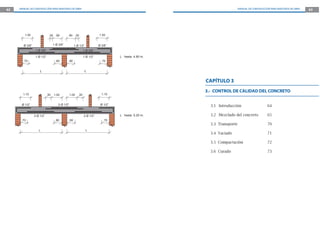 62   MANUAL DE CONSTRUCCIÓN PARA MAESTROS DE OBRA                                                                          MANUAL DE CONSTRUCCIÓN PARA MAESTROS DE OBRA   63




        1.00                  .30 .90         .90 .30                       1.00


        Ø 3/8”                     1 Ø 3/8”             1 Ø 1/2”            Ø 3/8”
                  1 Ø 3/8”                                       1 Ø 3/8”

                  1 Ø 1/2”                                       1 Ø 1/2”             L hasta 4.90 m.
       .70                          .80       .80                             .70


                     L                                             L


                                                                                                        CAPÍTULO 3
                                                                                                        3.- CONTROL DE CALIDAD DEL CONCRETO
       1.10                  .30   1.00           1.00     .30                1.10


      Ø 1/2”                           2 Ø 1/2”                              Ø 1/2”                       3.1 Introducción                      64

                 2 Ø 1/2”                                        2 Ø 1/2”             L hasta 5.25 m.     3.2 Mezclado del concreto             65
      .70                           .80           .80                          .70
                                                                                                          3.3 Transporte                        70
                    L                                              L
                                                                                                          3.4 Vaciado                           71

                                                                                                          3.5 Compactación                      72

                                                                                                          3.6 Curado                            73
 