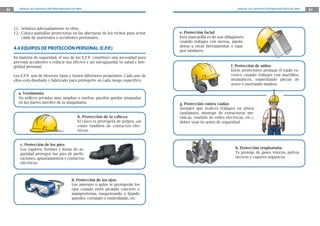 82      MANUAL DE CONSTRUCCIÓN PARA MAESTROS DE OBRA                                                                      MANUAL DE CONSTRUCCIÓN PARA MAESTROS DE OBRA   83




     11.- Señaliza adecuadamente tu obra.
     12.- Coloca pantallas protectoras en las aberturas de los techos para evitar       e. Protección facial:
          caida de materiales o accidentes personales.                                  Esta mascarilla es de uso obligatorio
                                                                                        cuando trabajes con sierras, amola-
                                                                                        doras u otras herramientas o equi-
     4.4 EQUIPOS DE PROTECCIÓN PERSONAL (E.P.P.)                                        pos similares.
     En materia de seguridad, el uso de los E.P.P. constituye una necesidad para
     prevenir accidentes o reducir sus efectos y así salvaguardar tu salud e inte-
     gridad personal.                                                                                                 f. Protección de oídos:
                                                                                                                      Estos protectores atenúan el ruido ex-
     Los E.P.P. son de diversos tipos y tienen diferentes propósitos. Cada uno de                                     cesivo cuando trabajes con martillos,
     ellos está diseñado y fabricado para protegerte en cada riesgo específico.                                       neumáticos, esmerilando piezas de
                                                                                                                      acero o aserrando madera.

       a. Vestimenta:
       No utilices prendas muy amplias o sueltas, pueden quedar atrapadas
       en las partes móviles de la maquinaria.                                          g. Protección contra caídas:
                                                                                        Siempre que realices trabajos en altura
                                                                                        (andamios, montaje de estructuras me-
                                                 b. Protección de la cabeza:            tálicas, tendido de redes eléctricas, etc.),
                                                 El casco te protegerá de golpes, así   debes usar tu arnés de seguridad.
                                                 como también de contactos eléc-
                                                 tricos.


        c. Protección de los pies:
        Los zapatos, botines y botas de se-                                                                             h. Protección respiratoria:
        guridad protegen tus pies de perfo-                                                                             Te protege de gases tóxicos, polvos
        raciones, aplastamientos y contactos                                                                            nocivos y vapores orgánicos.
        eléctricos.



                                            d. Protección de los ojos:
                                            Los anteojos o gafas te protegerán los
                                            ojos cuando estés picando concreto o
                                            mamposterías, rasqueteando o lijando
                                            paredes, cortando o esmerilando, etc.
 