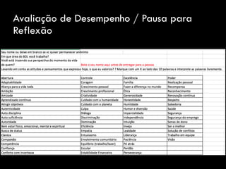 Avaliação de Desempenho / Pausa para
Reflexão
 