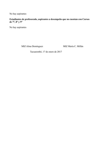 No hay aspirantes
Estudiantes de profesorado, aspirantes a desempeño que no cuentan con Cursos
de 7°, 8° y 9°
No hay aspirantes
MIZ Alma Domínguez MIZ María C. Millán
Tacuarembó, 17 de enero de 2017
 