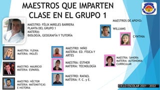 MAESTROS QUE IMPARTEN
CLASE EN EL GRUPO 1
MAESTRO: MAURICIO
MATERIA: ESPAÑOL
MAESTRO: FÉLIX MIRELES BARRERA
PLANTA DEL GRUPO 1
MATERIA:
BIOLOGÍA, GEOGRAFÍA Y TUTORÍA
MAESTRO: RAFAEL
MATERIA: F. C. y E.
MAESTRA: ESTHER
MATERIA: TECNOLOGÍA
MAESTRO: NIÑO
MATERIA: ED. FÍSICA Y
ARTES
MAESTROS DE APOYO:
WILLIAMS
CYNTHIA
CICLO ESCOLAR 2021 - 2022
MAESTRA: YLENIA
MATERIA: INGLÉS
MAESTRO: HÉCTOR
MATERIA: MATEMÁTICAS
E HISTORIA
MAESTRA: SANDRA
MATERIA: AUTONOMIA
CURRICULAR
 