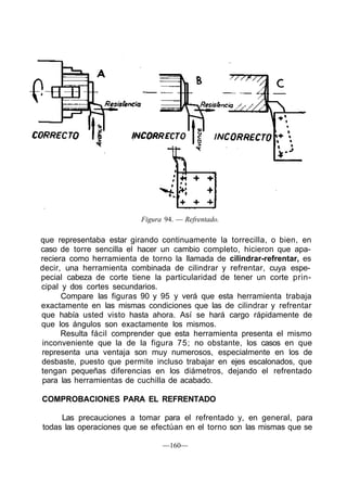 Figura 94. — Refrentado.
que representaba estar girando continuamente la torrecilla, o bien, en
caso de torre sencilla el hacer un cambio completo, hicieron que apa-
reciera como herramienta de torno la llamada de cilindrar-refrentar, es
decir, una herramienta combinada de cilindrar y refrentar, cuya espe-
pecial cabeza de corte tiene la particularidad de tener un corte prin-
cipal y dos cortes secundarios.
Compare las figuras 90 y 95 y verá que esta herramienta trabaja
exactamente en las mismas condiciones que las de cilindrar y refrentar
que había usted visto hasta ahora. Así se hará cargo rápidamente de
que los ángulos son exactamente los mismos.
Resulta fácil comprender que esta herramienta presenta el mismo
inconveniente que la de la figura 75; no obstante, los casos en que
representa una ventaja son muy numerosos, especialmente en los de
desbaste, puesto que permite incluso trabajar en ejes escalonados, que
tengan pequeñas diferencias en los diámetros, dejando el refrentado
para las herramientas de cuchilla de acabado.
COMPROBACIONES PARA EL REFRENTADO
Las precauciones a tomar para el refrentado y, en general, para
todas las operaciones que se efectúan en el torno son las mismas que se
—160—
 