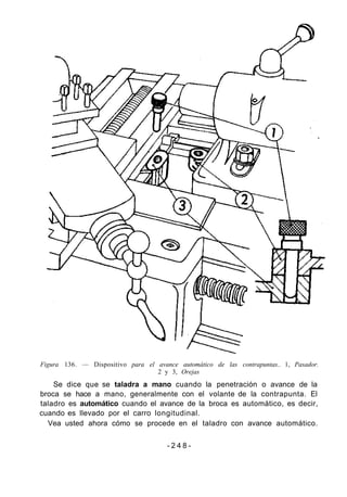 Figura 136. — Dispositivo para el avance automático de las contrapuntas.. 1, Pasador.
2 y 3, Orejas
Se dice que se taladra a mano cuando la penetración o avance de la
broca se hace a mano, generalmente con el volante de la contrapunta. El
taladro es automático cuando el avance de la broca es automático, es decir,
cuando es llevado por el carro longitudinal.
Vea usted ahora cómo se procede en el taladro con avance automático.
- 2 4 8 -
 