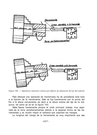 Figura 145. — Superficies interiores cónicas por defecto de alineación del eje del cabezal.
Para efectuar una operación de mandrinado ha de procederse ante todo
a la fijación de la herramienta. Esta se fija fuertemente con la punta del
filo a la altura conveniente, es decir a la altura misma del eje de la má-
quina, tal como se ve en la figura 143.
Debe fijarse fuertemente porque el corte principal trabaja muy sepa-
rado de la torre portaherramientas debido a la especial forma de las he-
rramientas y es mucho mayor el esfuerzo que soportan los mangos.
La longitud del mango de la herramienta es muy importante que sea
- 2 5 7 -
 