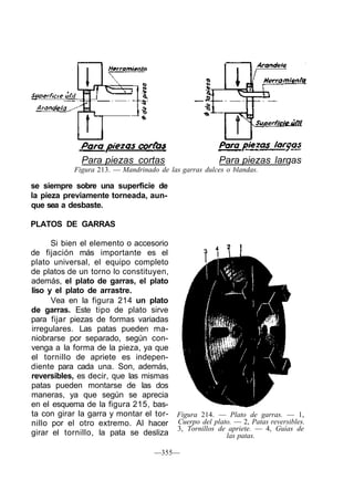Para piezas cortas Para piezas largas
Figura 213. — Mandrinado de las garras dulces o blandas.
se siempre sobre una superficie de
la pieza previamente torneada, aun-
que sea a desbaste.
PLATOS DE GARRAS
Si bien el elemento o accesorio
de fijación más importante es el
plato universal, el equipo completo
de platos de un torno lo constituyen,
además, el plato de garras, el plato
liso y el plato de arrastre.
Vea en la figura 214 un plato
de garras. Este tipo de plato sirve
para fijar piezas de formas variadas
irregulares. Las patas pueden ma-
niobrarse por separado, según con-
venga a la forma de la pieza, ya que
el tornillo de apriete es indepen-
diente para cada una. Son, además,
reversibles, es decir, que las mismas
patas pueden montarse de las dos
maneras, ya que según se aprecia
en el esquema de la figura 215, bas-
ta con girar la garra y montar el tor-
nillo por el otro extremo. Al hacer
girar el tornillo, la pata se desliza
Figura 214. — Plato de garras. — 1,
Cuerpo del plato. — 2, Patas reversibles.
3, Tornillos de apriete. — 4, Guías de
las patas.
—355—
 