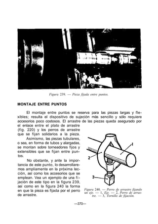 Figura 239. — Pieza fijada entre puntos.
MONTAJE ENTRE PUNTOS
El montaje entre puntos se reserva para las piezas largas y fle-
xibles; resulta el dispositivo de sujeción más sencillo y sólo requiere
accesorios poco costosos. El arrastre de las piezas queda asegurado por
el enlace entre el plato de arrastre
(fig. 220) y los perros de arrastre
que se fijan solidarios a la pieza.
Asimismo, las piezas tubulares,
o sea, en forma de tubos y alargadas,
se montan sobre torneadores fijos y
extensibles que se fijan entre pun-
tos.
No obstante, y ante la impor-
tancia de este punto, lo desarrollare-
mos ampliamente en la próxima lec-
ción, así como los accesorios que se
emplean. Vea un ejemplo de una fi-
jación de este tipo en la figura 239,
así como en la figura 240 la forma
en que la pieza es fijada por el perro
de arrastre.
—370—
Figura 240. — Perro de arrastre fijando
un eje. — 1, Eje. — 2, Perro de arras-
tre. — 3, Tornillo de fijación.
 