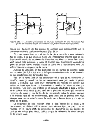 Figura 282. — Distintas posiciones de la pieza respecto de una referencia fija
(plato de arrastre) segun el diámetro del punto de centraje efectuado.
dones del diámetro de los puntos de centraje que anteriormente era lo
que determinaba la posición de la pieza (fig. 282).
El poder determinar la posición de la pieza respecto a una referencia
fija, es decir, a la que interese, tiene una importancia enorme para el tra-
bajo de cilindrado de escalones de diferentes medidas con topes fijos, como
verá usted más adelante, y para el trabajo con dispositivos copiadores,
pues en ambos casos interesa situar la punta de la herramienta con una
referencia exacta respecto de la pieza.
Aunque la variación en los diámetros de los puntos de centraje puede
ser pequeña (de 0,2 a 0,4 mm.), influye considerablemente en el torneado
de ejes escalonados con longitudes fijas.
Vea en la figura 283 un eje escalonado en el que se ha cilindrado un
escalón; suponga usted que ha de mecanizarse una gran serie de piezas
iguales y deducirá que sería muy interesante un método de trabajo que
evitara el tener que tomar continuamente la medida en cada escalón que
se cilindre. Pues bien, este método es el llamado cilindrado a tope y consis-
te en colocar unos topes (como verá en la próxima lección) que limitan el
recorrido del carro y, por tanto, de la herramienta sobre la pieza, siempre
a la medida que se ha determinado, pero para ello es preciso que haya
siempre una misma relación entre la arista de la herramienta y una de las
caras de la pieza.
La seguridad de esta relación entre la cara frontal de la pieza y la
herramienta, se obtiene utilizando un punto de este tipo, ya que, como se
muestra en la figura 284, la diferencia de diámetros de los puntos de
centraje no influye para nada, debido a que la referencia la toma siempre
de la misma cara.
—424-
 