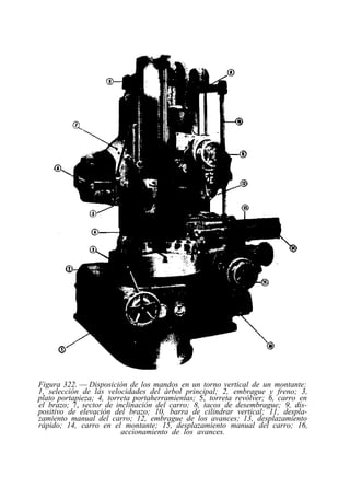 Figura 322. — Disposición de los mandos en un torno vertical de un montante:
1, selección de las velocidades del árbol principal; 2, embrague y freno; 3,
plato portapieza; 4, torreta portaherramientas; 5, torreta revólver; 6, carro en
el brazo; 7, sector de inclinación del carro; 8, tacos de desembrague; 9, dis-
positivo de elevación del brazo; 10, barra de cilindrar vertical; 11, despla-
zamiento manual del carro; 12, embrague de los avances; 13, desplazamiento
rápido; 14, carro en el montante; 15, desplazamiento manual del carro; 16,
accionamiento de los avances.
 