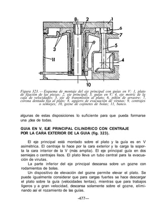 Figura 323. — Esquema de montaje del eje principal con guías en V: 1, plato
de fijación de las piezas; 2, eje principal; 3, guías en V; 4, eje motriz de la
caja de velocidades; 5, eje de transmisión al plato; 6, piñón de arrastre; 7,
corona dentada fija al plato; 8, agujero de evacuación de virutas; 9, centrajes
o semiejes; 10, gozne de cojinetes de bolas; 11, banco.
algunas de estas disposiciones lo suficiente para que pueda formarse
una ¡dea de todas.
GUIA EN V, EJE PRINCIPAL CILINDRICO CON CENTRAJE
POR LA CARA EXTERIOR DE LA GUIA (fig. 323).
El eje principal está montado sobre el plato y la guía es en V
asimétrica. El centraje lo hace por la cara exterior y la carga la sopor-
ta la cara interior de la V (más amplia). El eje principal guía en dos
semiejes o centrajes lisos. El plato lleva un tubo central para la evacua-
ción de virutas.
La parte inferior del eje principal descansa sobre un gozne con
rodamientos de bolas.
Un dispositivo de elevación del gozne permite elevar el plato. Se
puede igualmente considerar que para cargas fuertes se hace descargar
el plato sobre la guía (velocidades lentas), mientras que para trabajos
ligeros y a gran velocidad, descansa solamente sobre el gozne, elimi-
nando así el rozamiento de las guías.
-477—
 