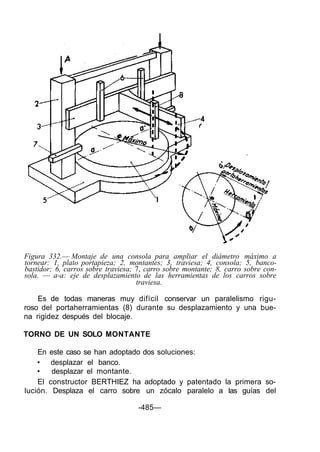 Figura 332.— Montaje de una consola para ampliar el diámetro máximo a
tornear: 1, plato portapieza; 2, montantes; 3, traviesa; 4, consola; 5, banco-
bastidor; 6, carros sobre traviesa; 7, carro sobre montante; 8, carro sobre con-
sola. — a-a: eje de desplazamiento de las herramientas de los carros sobre
traviesa.
Es de todas maneras muy difícil conservar un paralelismo rigu-
roso del portaherramientas (8) durante su desplazamiento y una bue-
na rigidez después del blocaje.
TORNO DE UN SOLO MONTANTE
En este caso se han adoptado dos soluciones:
• desplazar el banco.
• desplazar el montante.
El constructor BERTHIEZ ha adoptado y patentado la primera so-
lución. Desplaza el carro sobre un zócalo paralelo a las guías del
-485—
 