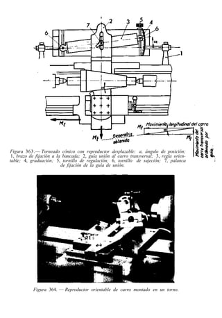 Figura 363.— Torneado cónico con reproductor desplazable: a, ángulo de posición;
1, brazo de fijación a la bancada; 2, guía unión al carro transversal; 3, regla orien-
table; 4, graduación; 5, tornillo de regulación; 6, tornillo de sujeción; 7, palanca
de fijación de la guía de unión.
Figura 364. — Reproductor orientable de carro montado en un torno.
 