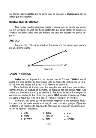 se llaman convergentes por la parte que se acercan y divergentes por la
parte que se separan.
RECTAS QUE SE CRUZAN
Dos rectas pueden alargarse hasta cruzarse por un punto sin tocar-
se. En la figura 17 verá dos hilos sostenidos por unos palos, los cuales se
cruzan, es decir, pasa uno por encima de otro sin tocarse en punto al-
guno.
ÁNGULO
Ángulo (fig. 18) es la abertura formada por dos rectas que parten
de un mismo punto.
Figura 18
LADOS Y VÉRTICE
Lados de un ángulo son las rectas que lo forman. Vértice es el
punto del que parten las dos rectas. Así los lados del ángulo de la figu-
ra 18 son las rectas AB y BC y el vértice el punto B.
Para facilitar el trabajo con los ángulos en definitiva para enten-
dernos mejor, un ángulo se nombra, se expresa con las letras ABC. Los
lados son llamados A y C y el vértice B. Por esto, la letra B siempre se
nombra en medio de los otros dos y decir BAC resulta incorrecto. Debe
ser ABC o CBA (la letra B o sea el vértice, siempre en medio).
También, tal como ya ha estudiado respecto a los llamados ángu-
los de corte, se suele nombrar el ángulo con una letra griega. Fíjese en
la forma y el nombre de algunas de ellas que se emplean corrientemen-
te en la técnica mecánica.
—562—
 