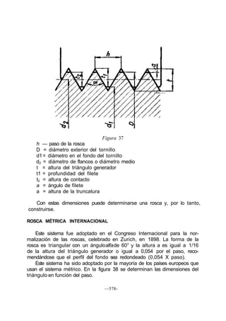 Figura 37
h — paso de la rosca
D = diámetro exterior del tornillo
d1= diámetro en el fondo del tornillo
d2 = diámetro de flancos o diámetro medio
t = altura del triángulo generador
t1 = profundidad del filete
t2 = altura de contacto
a = ángulo de filete
a = altura de la truncatura
Con estas dimensiones puede determinarse una rosca y, por lo tanto,
construirse.
ROSCA MÉTRICA INTERNACIONAL
Este sistema fue adoptado en el Congreso Internacional para la nor-
malización de las roscas, celebrado en Zurich, en 1898. La forma de la
rosca es triangular con un ánguloalfade 60° y la altura a es igual a 1/16
de la altura del triángulo generador o igual a 0,054 por el paso, reco-
mendándose que el perfil del fondo sea redondeado (0,054 X paso).
Este sistema ha sido adoptado por la mayoría de los países europeos que
usan el sistema métrico. En la figura 38 se determinan las dimensiones del
triángulo en función del paso.
—578-
 