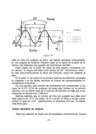 25,40095
h =
r = 0,13733 h
t = 0,96049 h
t1= 0,64033 h
Figura 39
mide en hilos por pulgada, es decir: las espiras completas comprendidas
en una pulgada de longitud. Observe usted en la figura 39 el perfil de la
misma y las relaciones que guardan las dimensiones del filete.
Como puede ver el perfil de rosca de este sistema, comparado con
el métrico, el ángulo del filete varía siendo de 55°. Asimismo,el radio r
es más pronunciado,siendo la altura del triángulo mayor con respecto al
paso.
En la tabla 11 se indican en la primera columna los diámetros no¡minales
en pulgadas y en las demás columnas se indican las correspondientes di-
mensiones en milímetros.
Así, por ejemplo, para conocer las dimensiones que corresponden a una
rosca de 5/16" (5/16 de pulgada) se busca este número en la primera
columna y en la misma línea de la columna de diámetro se halla que le co-
rresponde un diámetro de 7,938 mm.
Además, sabemos que el número de hilos por pulgada que debe tener
esta rosca es de 18 h" (se indica 18 h" y se lee 18 hilos) a la que corres-
ponde un paso de 1,411 ; efectivamente, si dividimos 25,4 por 18 obtene-
mos dicho paso.
OTROS SISTEMAS DE ROSCAS
Estos dos sistemas de roscas son los empleados corrientemente, aunque
—581—
 