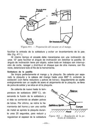 'Figura 411. — Preparación del encaste en el mango.
facilitar la entrada de la soldadura y evitar un levantamiento de la pas-
tilla (fig. 411 ).
Al mismo tiempo el encaste debe mecanizarse con una inclinación de
unos 12° para facilitar el ángulo de inclinación sin debilitar la pastilla. El
ángulo de inclinación tiene por objeto, sobre todo en trabajos con interrup-
ción de corte, recoger y distribuir el choque que de otra manera, con filo
recto, deteriorará todo el filo de la herramienta.
Soldadura de la pastilla
Se limpia perfectamente el mango y. la plaquita. Se calienta por sepa-
rado la plaquita y la cabeza del mango hasta unos 800º C, evitando la
oxidación (con llama reductora y polvos de bórax). Seguidamente se cepilla
enérgicamente con un cepillo de acero el alojamiento de la plaquita, se llena
de polvo de soldar y se sitúa en él la plaquita.
Se calienta de nuevo hasta la tem-
peratura de soldadura (900° C), ob-
servando la fusión de la soldadura y
si ésta va corriendo se añaden polvos
de bórax. Por último, se retira la he-
rramienta del horno y con una varilla
de metal se aprieta la plaquita duran-
te unos 20 segundos, para reducir y
regularizar el espesor de la soldadura Figura 412. — Regulación de la pe-
lícula de soldadura.
—616—
 