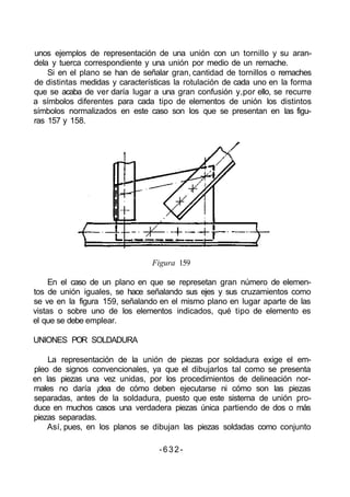 unos ejemplos de representación de una unión con un tornillo y su aran-
dela y tuerca correspondiente y una unión por medio de un remache.
Si en el plano se han de señalar gran, cantidad de tornillos o remaches
de distintas medidas y características la rotulación de cada uno en la forma
que se acaba de ver daría lugar a una gran confusión y,por ello, se recurre
a símbolos diferentes para cada tipo de elementos de unión los distintos
símbolos normalizados en este caso son los que se presentan en las figu-
ras 157 y 158.
Figura 159
En el caso de un plano en que se represetan gran número de elemen-
tos de unión iguales, se hace señalando sus ejes y sus cruzamientos como
se ve en la figura 159, señalando en el mismo plano en lugar aparte de las
vistas o sobre uno de los elementos indicados, qué tipo de elemento es
el que se debe emplear.
UNIONES POR SOLDADURA
La representación de la unión de piezas por soldadura exige el em-
pleo de signos convencionales, ya que el dibujarlos tal como se presenta
en las piezas una vez unidas, por los procedimientos de delineación nor-
males no daría ¡dea de cómo deben ejecutarse ni cómo son las piezas
separadas, antes de la soldadura, puesto que este sistema de unión pro-
duce en muchos casos una verdadera piezas única partiendo de dos o más
piezas separadas.
Así, pues, en los planos se dibujan las piezas soldadas como conjunto
-632-
 