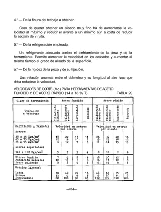4.° — De la finura del trabajo a obtener.
Caso de querer obtener un alisado muy fino ha de aumentarse la ve-
locidad al máximo y reducir el avance a un mínimo aún a costa de reducir
la sección de viruta.
5.° — De la refrigeración empleada.
Un refrigerante adecuado acelera el enfriamiento de la pieza y de la
herramienta. Permite aumentar la velocidad en los acabados y aumentar al
mismo tiempo el grado de alisado de la superficie.
ó.° — De la rigidez de la pieza y de su fijación.
Una relación anormal entre el diámetro y su longitud al aire hace que
deba reducirse la velocidad.
VELOCIDADES DE CORTE (Vo) PARA HERRAMIENTAS DE ACERO
FUNDIDO Y DE ACERO RÁPIDO (14 a 18 % T) TABLA 20
—664—
 