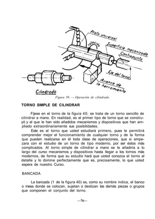 Figura 39. — Operación de cilindrado.
TORNO SIMPLE DE CILINDRAR
Fíjese en el torno de la figura 40; se trata de un torno sencillo de
cilindrar a mano. En realidad, es el primer tipo de torno que se constru-
yó y al que le han sido añadidos mecanismos y dispositivos que han am-
pliado extraordinariamente sus posibilidades.
Este es el torno que usted estudiará primero, pues le permitirá
comprender mejor el funcionamiento de cualquier torno y de la forma
que pueden realizarse en él toda clase de operaciones, que si empe-
zara con el estudio de un torno de tipo moderno, por ser éstos más
complicados. Al torno simple de cilindrar a mano se le añadiría a lo
largo del curso mecanismos y dispositivos hasta llegar a los tornos más
modernos, de forma que su estudio hará que usted conozca el torno al
detalle y lo domine perfectamente que es, precisamente, lo que usted
espera de nuestro Curso.
BANCADA
La bancada (1 de la figura 40) es, como su nombre indica, el banco
o mesa donde se colocan, sujetan o deslizan las demás piezas o grupos
que componen el conjunto del torno.
—76—
 