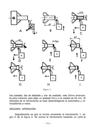 tres pasadas, dos de desbaste y una de acabado; esta última arrancan-
do poco material, para dejar un acabado fino y a la medida de 63 mm. El
retroceso de la herramienta se hace desembragando el automático y re-
trocediendo a mano.
SEGUNDA OPERACIÓN
Seguidamente se gira la torreta encarando la herramienta 1, se-
gún C de la figura 2. Se acerca la herramienta haciendo un corte la
—761—
Figura 2
 
