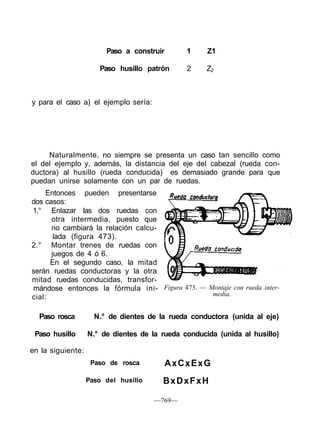 Paso a construir 1 Z1
Paso husillo patrón 2 Z2
Figura 473. — Montaje con rueda inter-
media.
Paso rosca N.° de dientes de la rueda conductora (unida al eje)
Paso husillo N.° de dientes de la rueda conducida (unida al husillo)
en la siguiente:
Paso de rosca
Paso del husillo
AxCxExG
BxDxFxH
—769—
y para el caso a) el ejemplo sería:
Naturalmente, no siempre se presenta un caso tan sencillo como
el del ejemplo y, además, la distancia del eje del cabezal (rueda con-
ductora) al husillo (rueda conducida) es demasiado grande para que
puedan unirse solamente con un par de ruedas.
Entonces pueden presentarse
dos casos:
1.° Enlazar las dos ruedas con
otra intermedia, puesto que
no cambiará la relación calcu-
lada (figura 473).
2.° Montar trenes de ruedas con
juegos de 4 ó 6.
En el segundo caso, la mitad
serán ruedas conductoras y la otra
mitad ruedas conducidas, transfor-
mándose entonces la fórmula ini-
cial:
 