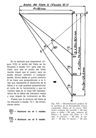 En el ejemplo que exponemos (fi-
gura 519) el ancho del filete se ha
dibujado a escala 10:1 para más cla-
ridad (por ello el ancho del filete
resulta mayor que el paso), pero se
puede dibujar también a cualquier
escala. Ahora desde el punto extremo
D se traza una perpendicular a la lí-
nea que representa el desarrollo de la
hélice a la cual quedará perpendicular
el corte de la herramienta y que en
nuestro caso es la línea CM represen-
tativa de la hélice del diámetro medio
y cuyo ángulo de inclinación es Bm.
Puesto que la anchura del filete se
ha dibujado a escala 10:1, las dimen-
siones serán:
= Anchura en el 0 núcleo
= Anchura en el 0 medio
Fig. 519. — Determinación gráfica de
la anchura de la herramienta (rosca
cuadrada). Datos de la rosca: Diá-
metro exterior del tornillo = 40 mm,
paso a tallar = 80 mm, número de
filetes = 4, ancho del filete b = 10
mm, 0 exterior = 40 mm, 0 me-
dio = 30 mm, 0 núcleo = 20 mm.
 