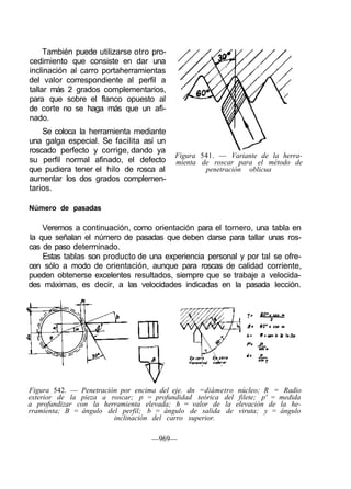 También puede utilizarse otro pro-
cedimiento que consiste en dar una
inclinación al carro portaherramientas
del valor correspondiente al perfil a
tallar más 2 grados complementarios,
para que sobre el flanco opuesto al
de corte no se haga más que un afi-
nado.
Se coloca la herramienta mediante
una galga especial. Se facilita así un
roscado perfecto y corrige, dando ya
su perfil normal afinado, el defecto
que pudiera tener el hilo de rosca al
aumentar los dos grados complemen-
tarios.
Número de pasadas
Veremos a continuación, como orientación para el tornero, una tabla en
la que señalan el número de pasadas que deben darse para tallar unas ros-
cas de paso determinado.
Estas tablas son producto de una experiencia personal y por tal se ofre-
cen sólo a modo de orientación, aunque para roscas de calidad corriente,
pueden obtenerse excelentes resultados, siempre que se trabaje a velocida-
des máximas, es decir, a las velocidades indicadas en la pasada lección.
Figura 541. — Variante de la herra-
mienta de roscar para el método de
penetración oblicua
Figura 542. — Penetración por encima del eje. dn =diámetro núcleo; R = Radio
exterior de la pieza a roscar; p = profundidad teórica del filete; p' = medida
a profundizar con la herramienta elevada; h = valor de la elevación de la he-
rramienta; B = ángulo del perfil; b = ángulo de salida de viruta; y = ángulo
inclinación del carro superior.
—969—
 