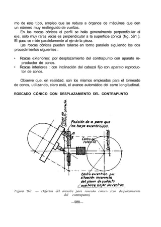 mo de este tipo, empleo que se reduce a órganos de máquinas que den
un número muy restinguido de vueltas.
En las roscas cónicas el perfil se halla generalmente perpendicular al
eje; sólo muy raras veces es perpendicular a la superficie cónica (fig. 561 ).
El paso se mide paralelamente al eje de la pieza.
Las roscas cónicas pueden tallarse en torno paralelo siguiendo los dos
procedimientos siguientes :
• Roscas exteriores: por desplazamiento del contrapunto con aparato re-
productor de conos.
• Roscas interiores : con inclinación del cabezal fijo con aparato reproduc-
tor de conos.
Observe que, en realidad, son los mismos empleados para el torneado
de conos, utilizando, claro está, el avance automático del carro longitudinal.
ROSCADO CÓNICO CON DESPLAZAMIENTO DEL CONTRAPUNTO
Figura 562. — Defectos del arrastre para roscado cónico (con desplazamiento
del contrapunto)
—988—
 