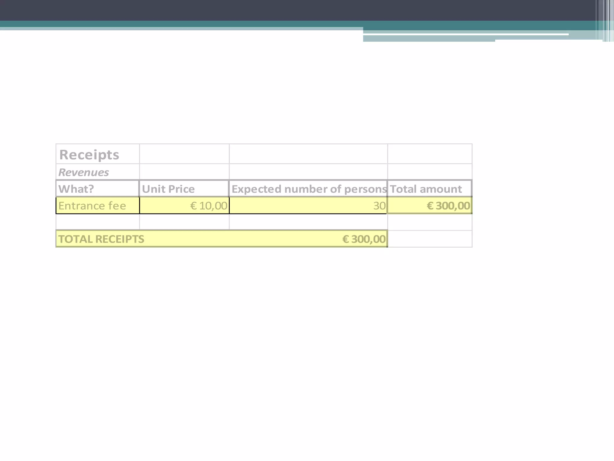 Receipts
Revenues
What?          Unit Price       Expected number of persons Total amount
Entrance fee            € 10,00                         30        € 300,00

TOTAL RECEIPTS                                     € 300,00
 