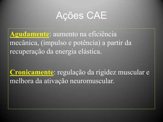 Ações CAE
Agudamente: aumento na eficiência
mecânica, (impulso e potência) a partir da
recuperação da energia elástica.

Cronicamente: regulação da rigidez muscular e
melhora da ativação neuromuscular.
 