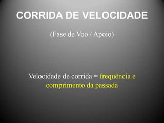CORRIDA DE VELOCIDADE
        (Fase de Voo / Apoio)




 Velocidade de corrida = frequência e
      comprimento da passada
 