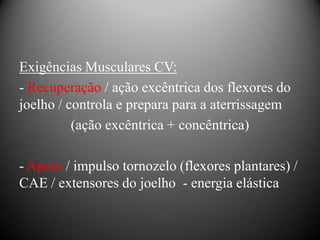 Exigências Musculares CV:
- Recuperação / ação excêntrica dos flexores do
joelho / controla e prepara para a aterrissagem
          (ação excêntrica + concêntrica)

- Apoio / impulso tornozelo (flexores plantares) /
CAE / extensores do joelho - energia elástica
 