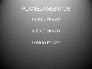 PLANEJAMENTOS
  CURTO PRAZO

  MÉDIO PRAZO

  LONGO PRAZO
 