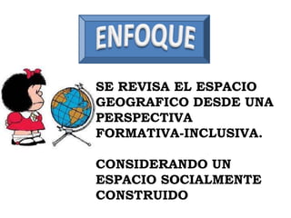 SE REVISA EL ESPACIO
GEOGRAFICO DESDE UNA
PERSPECTIVA
FORMATIVA-INCLUSIVA.

CONSIDERANDO UN
ESPACIO SOCIALMENTE
CONSTRUIDO
 