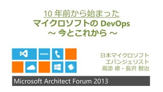 Microsoft Architect Forum 2013
10 年前から始まった
マイクロソフトの DevOps
～ 今とこれから ～
日本マイクロソフト
エバンジェリスト
高添 修・長沢 智治
 