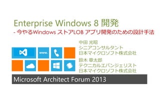 Microsoft Architect Forum 2013
Enterprise Windows 8 開発
- 今やるWindows ストアLOB アプリ開発のための設計手法
鈴木 章太郎
テクニカルエバンジェリスト
日本マイクロソフト株式会社
中田 光昭
シニアコンサルタント
日本マイクロソフト株式会社
 