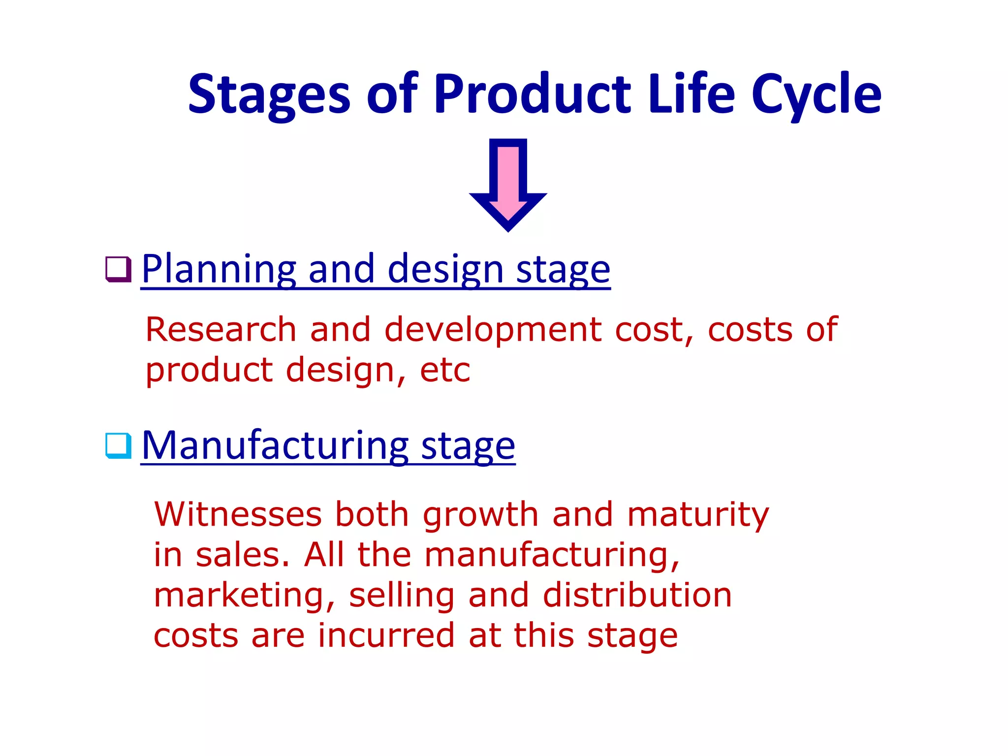 Stages of Product Life Cycle 
Planning and design stage 
Manufacturing stage 
Research and development cost, costs of product design, etc 
Witnesses both growth and maturity in sales. All the manufacturing, marketing, selling and distribution costs are incurred at this stage  