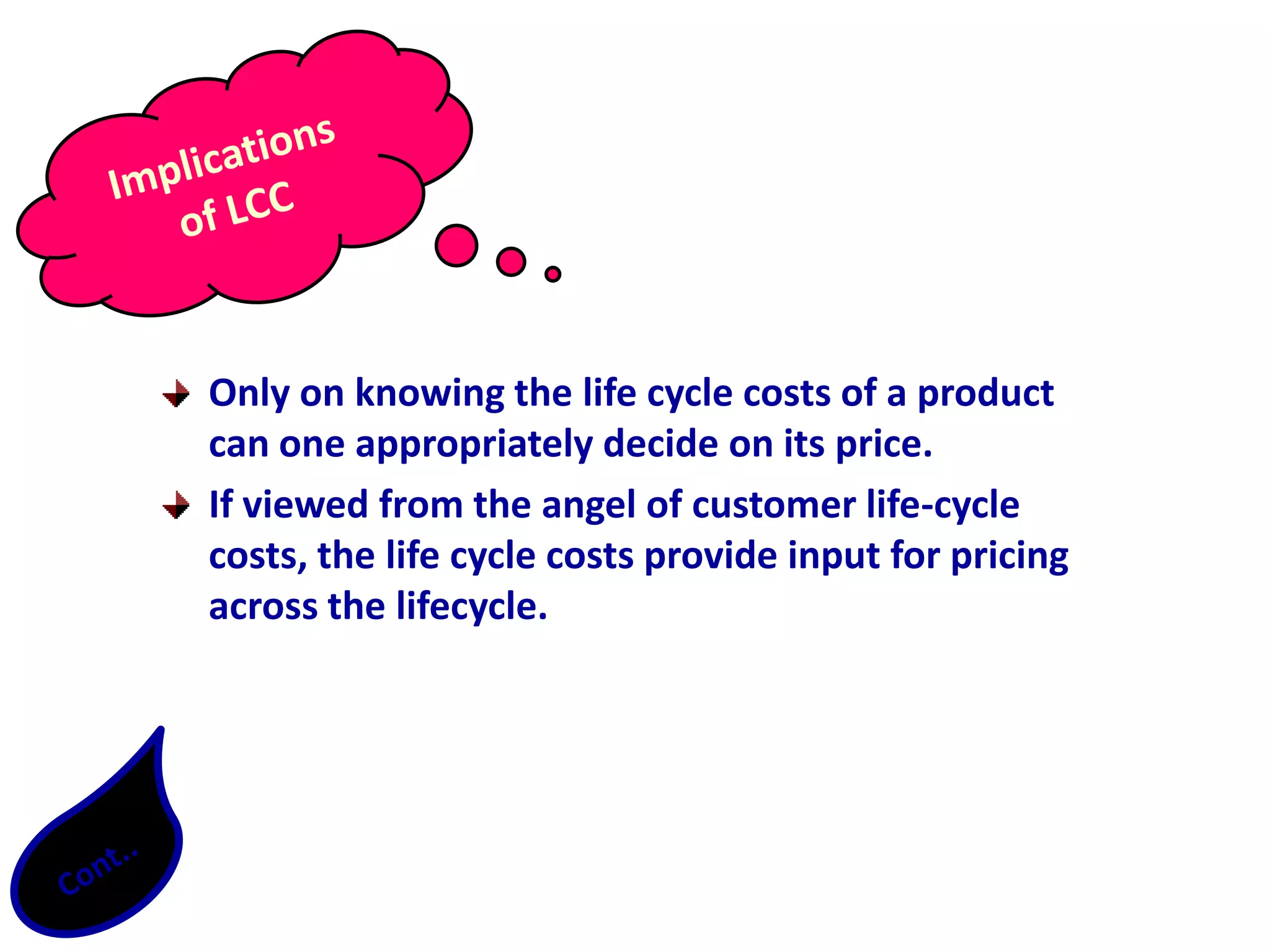 Only on knowing the life cycle costs of a product can one appropriately decide on its price. If viewed from the angel of customer life-cycle costs, the life cycle costs provide input for pricing across the lifecycle.  